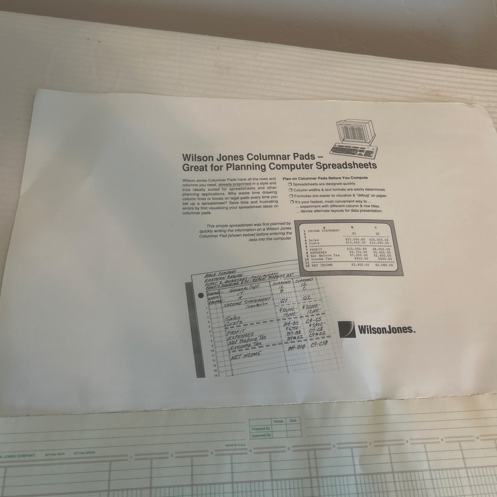 Vintage Wilson Jones Columnar Pad G7113A 13 Columns Green 17 X 11 Used 45 Sheet