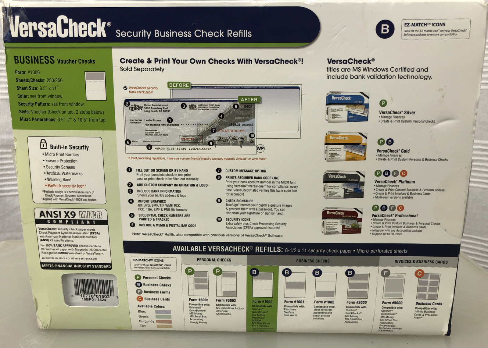 Versacheck Security Business Check Refills 10BP01-3524 #1000 250 sheets 250 chec