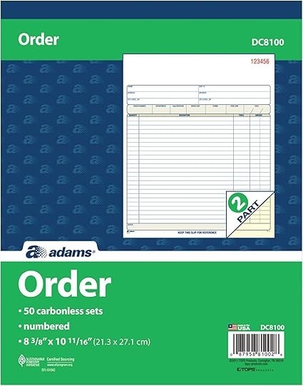 Order Book, 2-Part, Carbonless, White/Canary, 8-3/8 X 10-11/16 Inches, 50