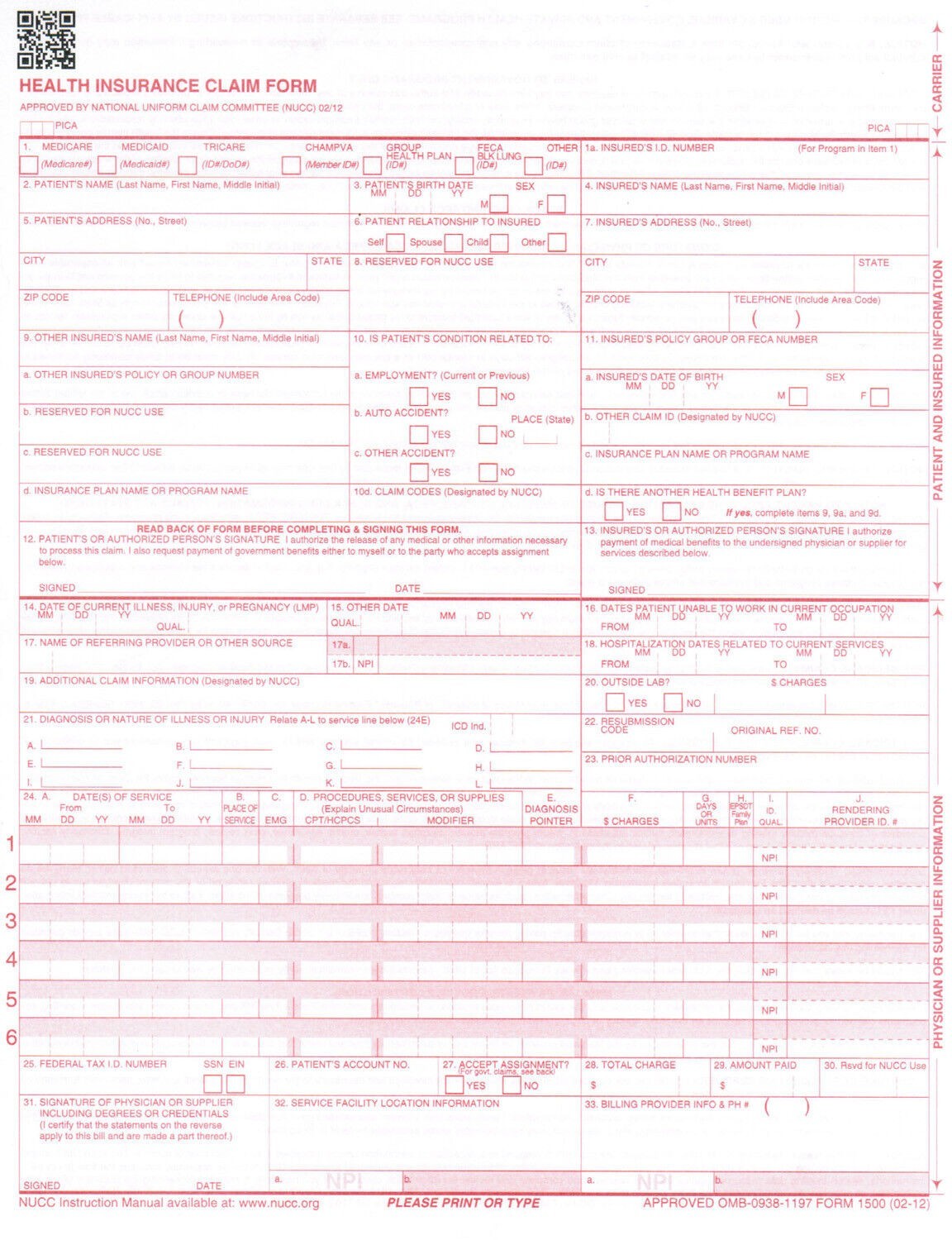 NEW CMS 1500 HCFA Health Insurance Claim Forms (Version 02/12) 5000 Forms