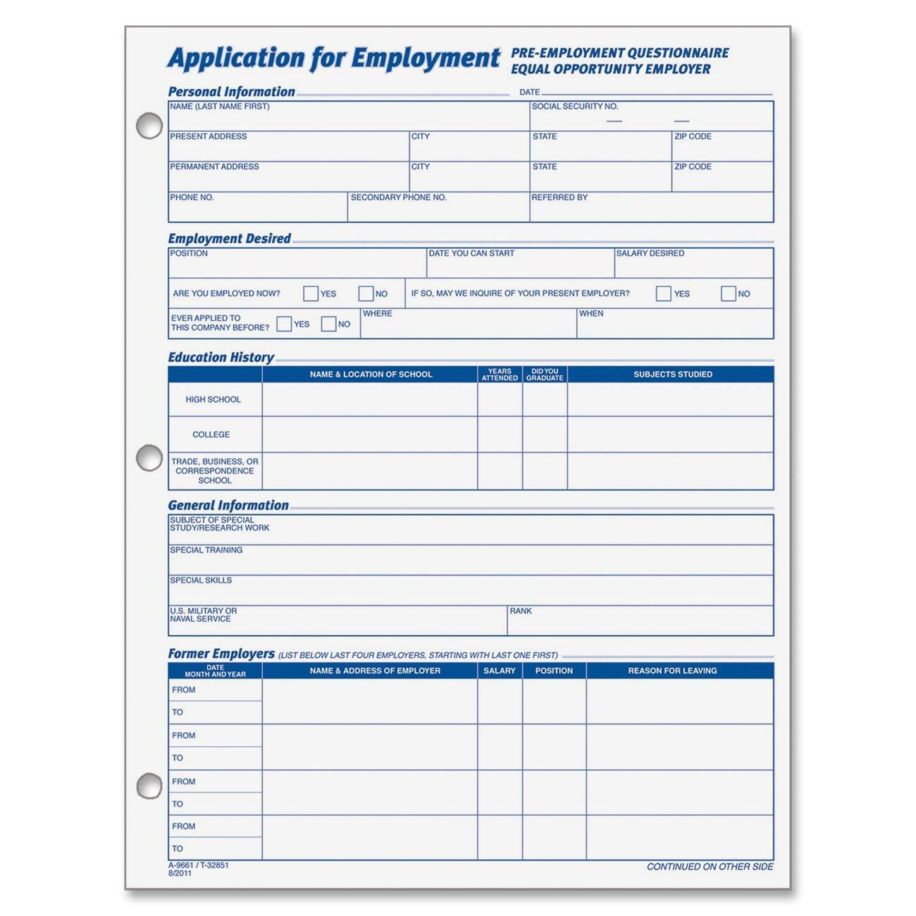 Adams Applications for Employment, 8.5 x 11 Inch, 3-Hole Punched,