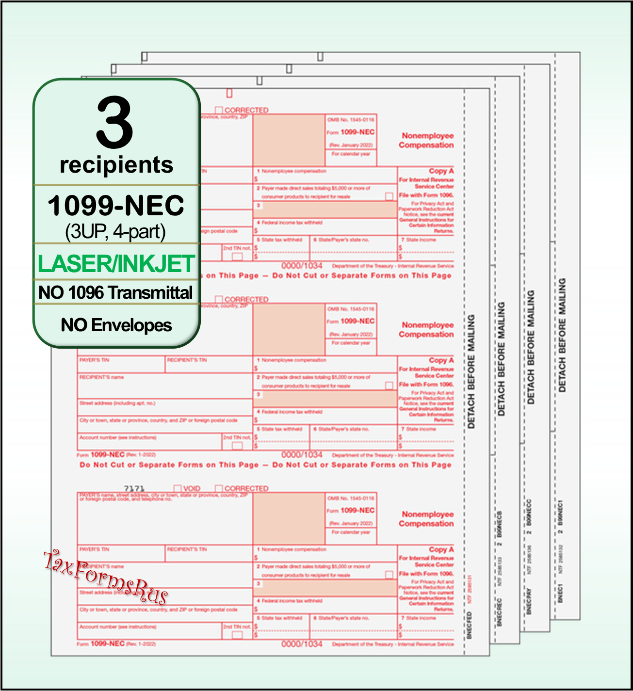 2023 IRS Tax Form 1099-NEC single sheet set LASER 3 recipients 4pt #NECS405