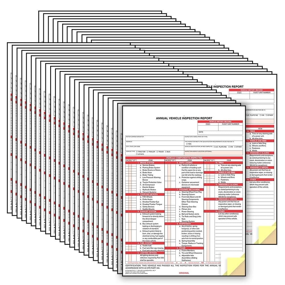 Annual Vehicle Inspection Report Forms 50-Pack – Snap-Out, Carbonless, 3-Ply, DO