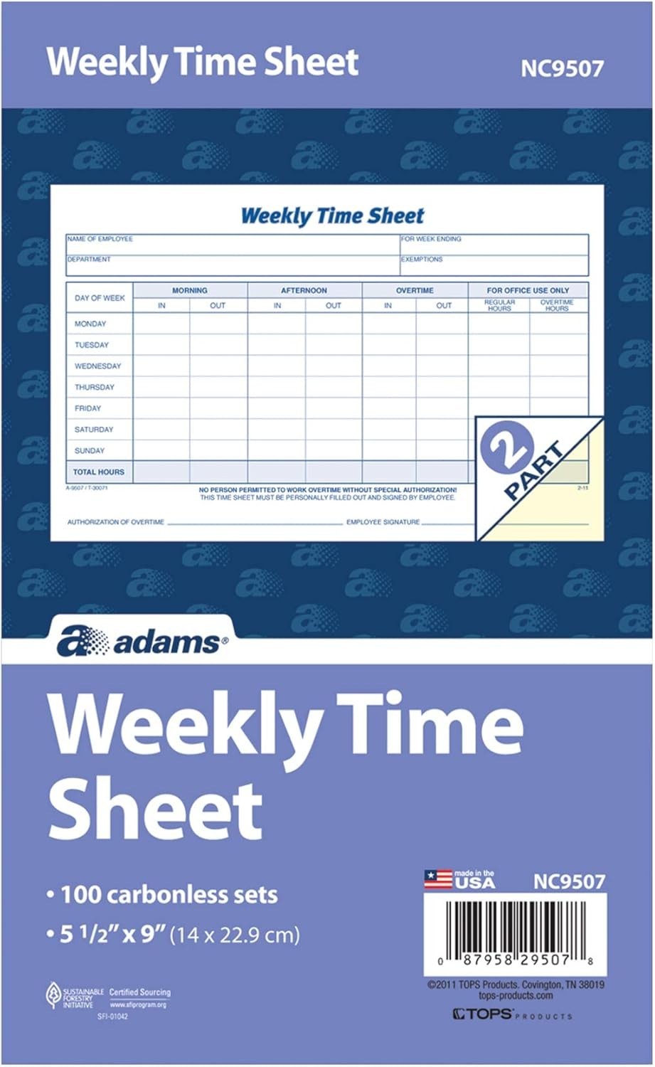 Time Sheet, 9 x 5.5 Inch, Weekly Format, 2-Part, Carbonless, 100-Pack, White,…