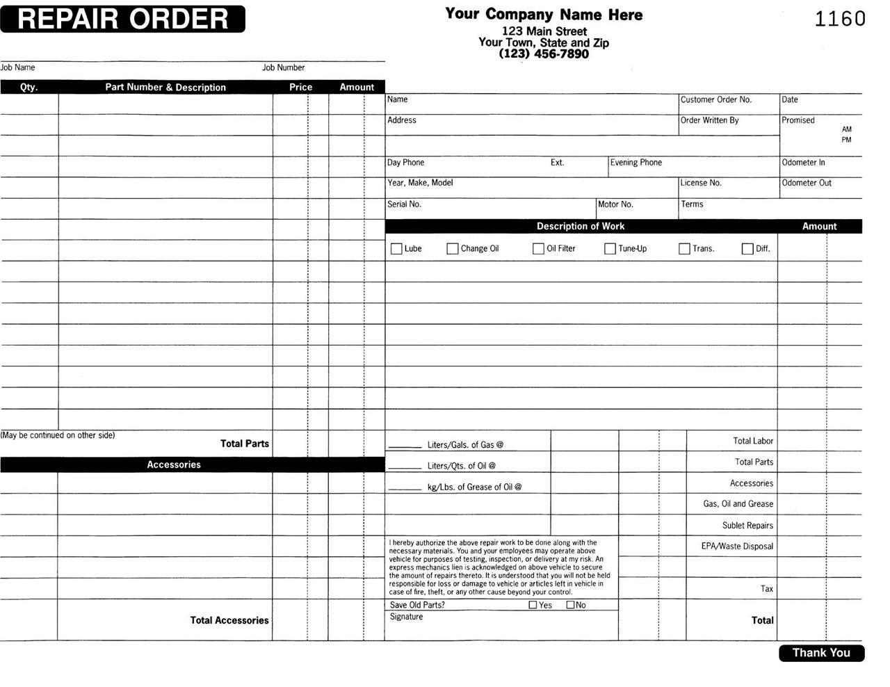 100 Custom Automotive Garage Repair Order / 2 Part Carbonless / 8.5 x 11 TMG023