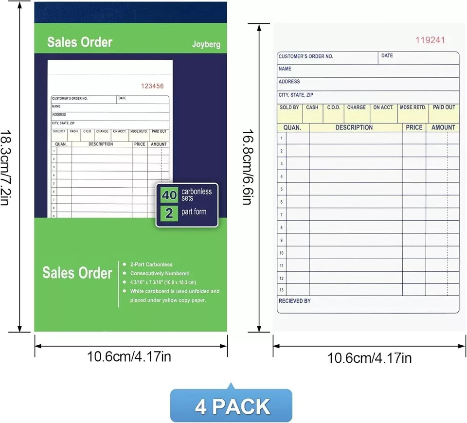 4 Pack Receipt Book, 4.17Inx7.2In Receipt Book with Carbon Copies, 2-Part Carbon