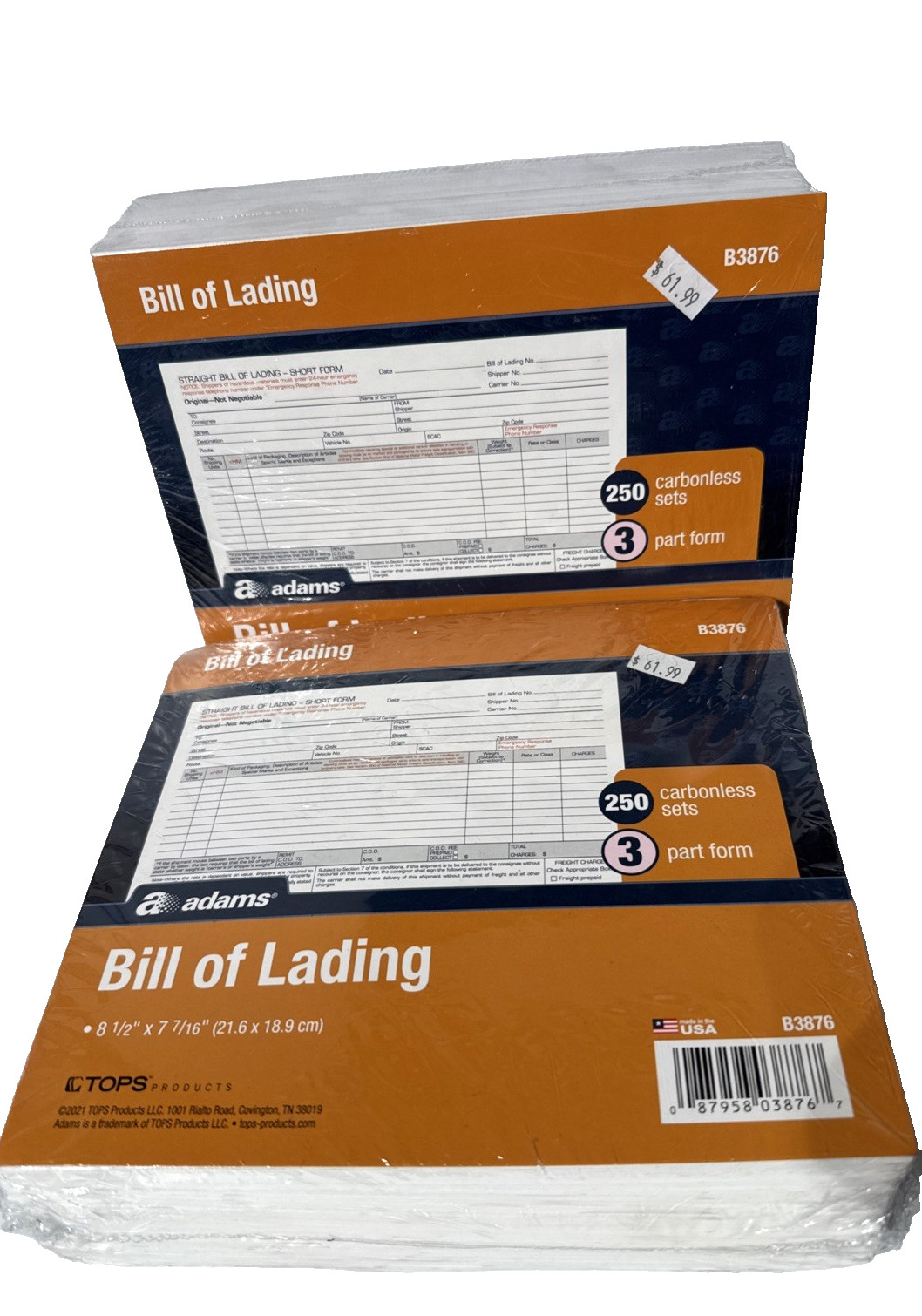 Adams Bill of Lading Short Form, 8-1/2 x 7-7/16 Inches, White, 3-Part, 500-Count