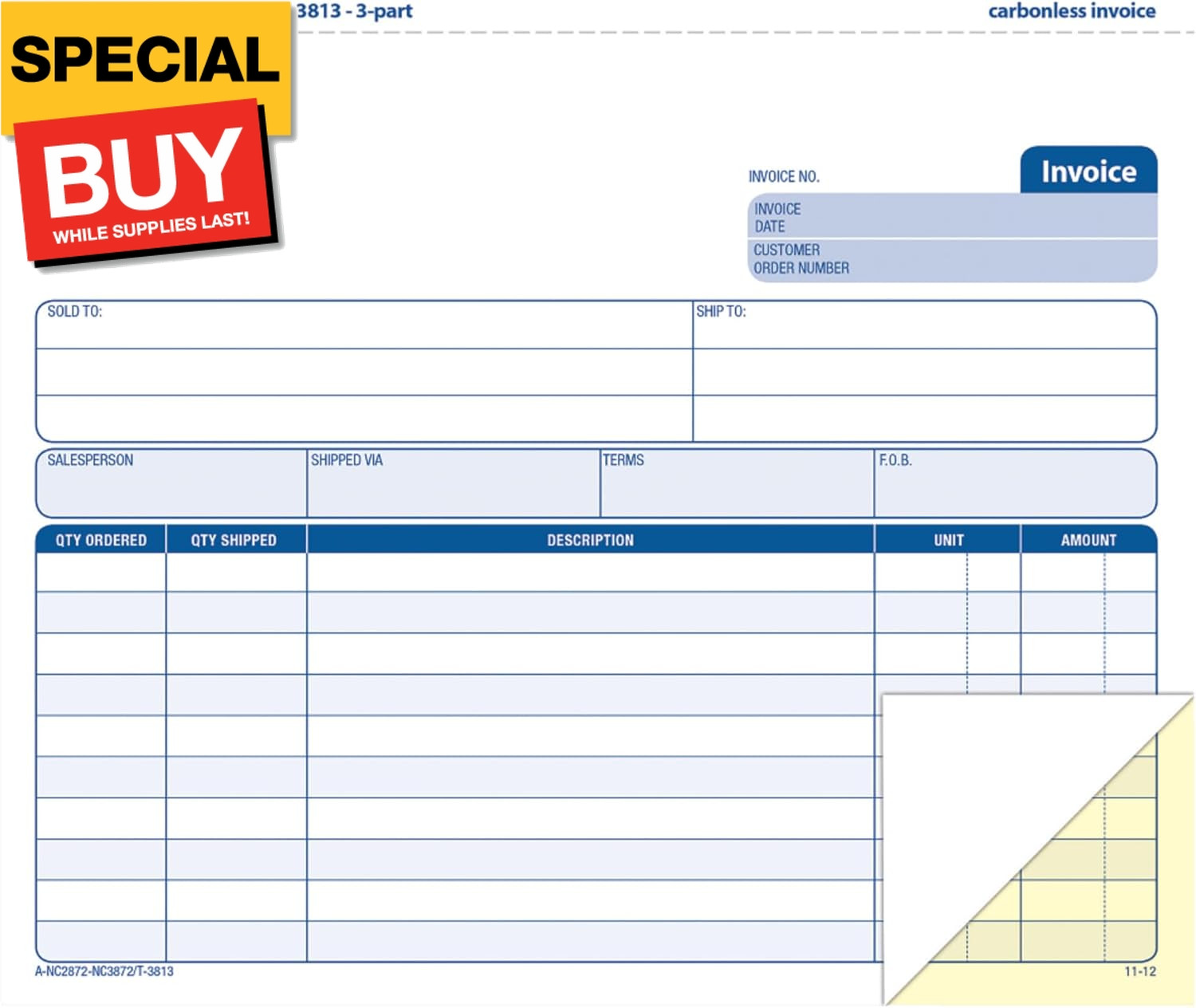 Invoice Book, 2-Part Carbonless, 8-1/2″ x 7-7/16″, 50 Sets per Book (NC2872), Wh