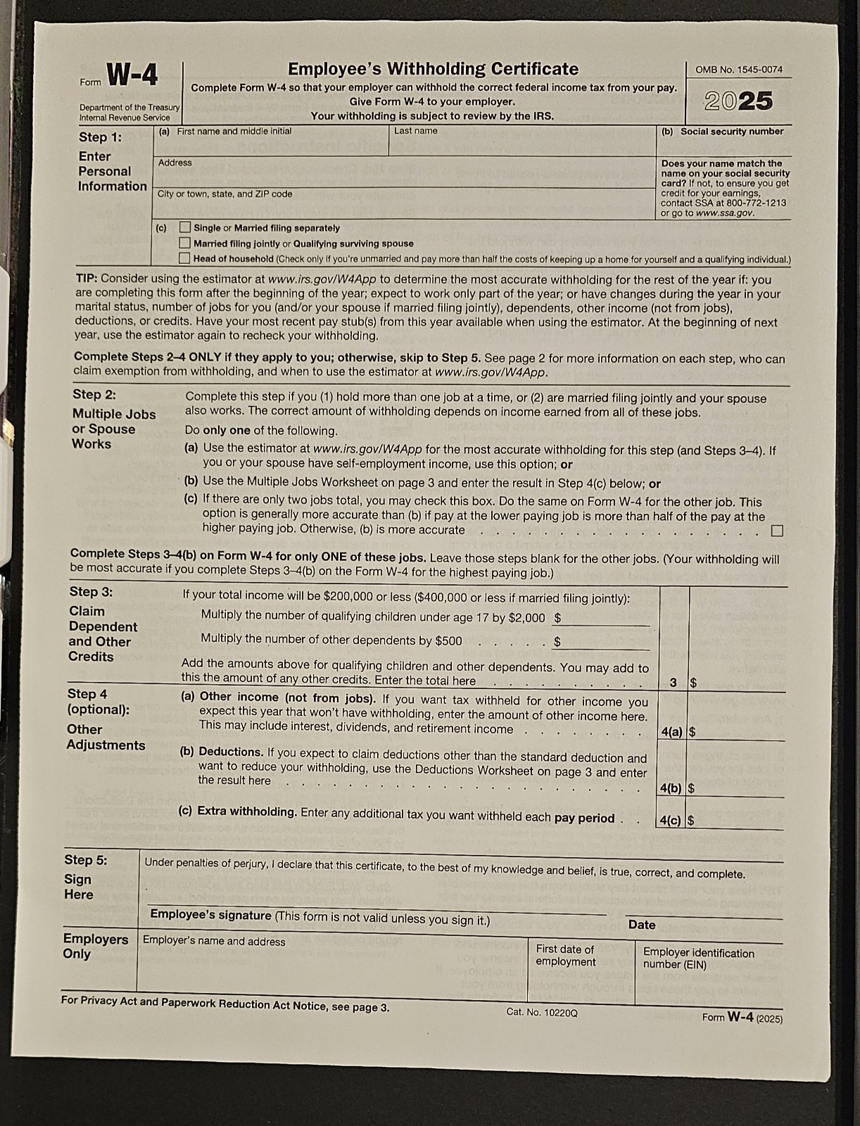 2025 W-4 Employee’s Withholding Certificate IRS Official Form