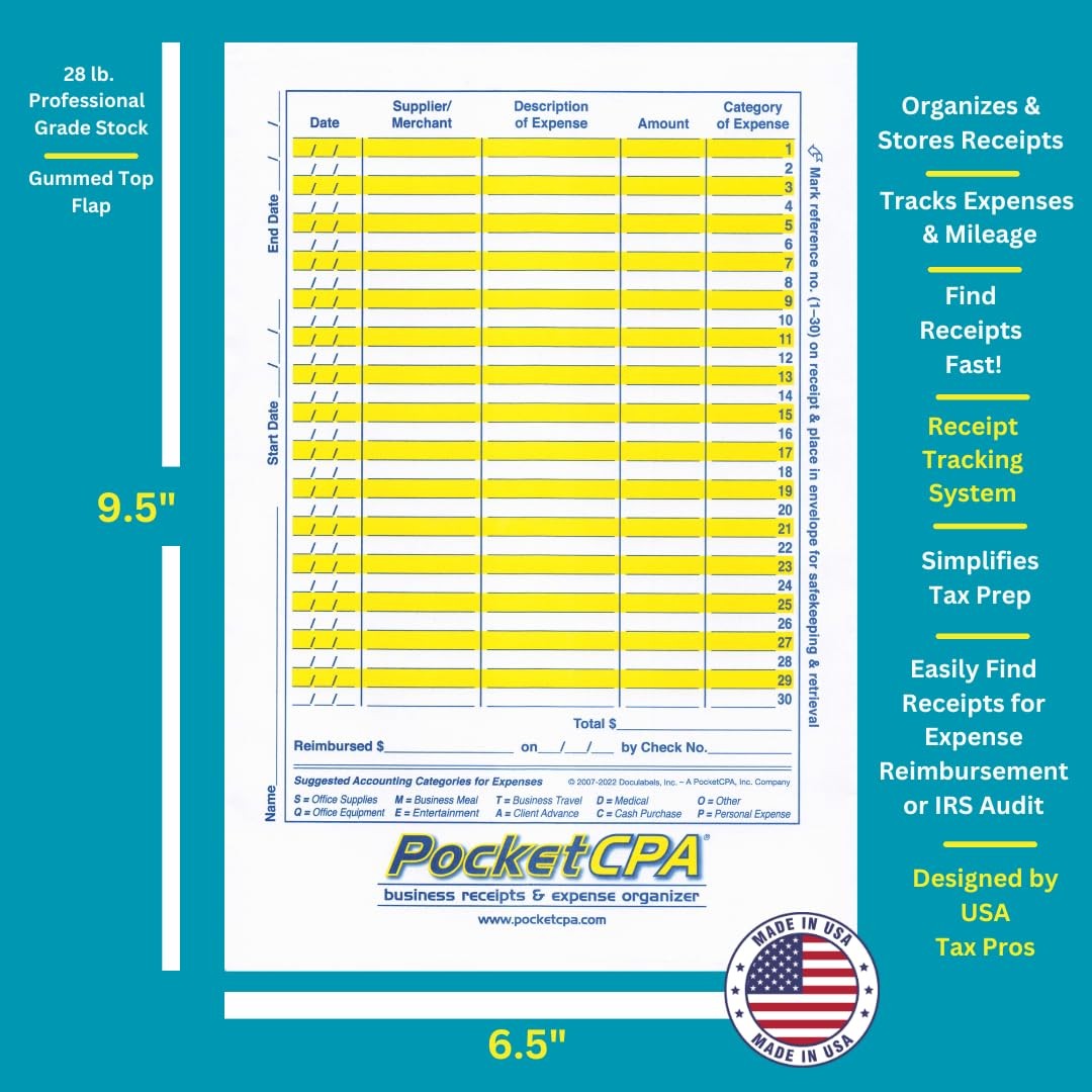 PocketCPA 3-in-1 Receipt Organizer Envelopes with 9.5″H x 6.5″W, White
