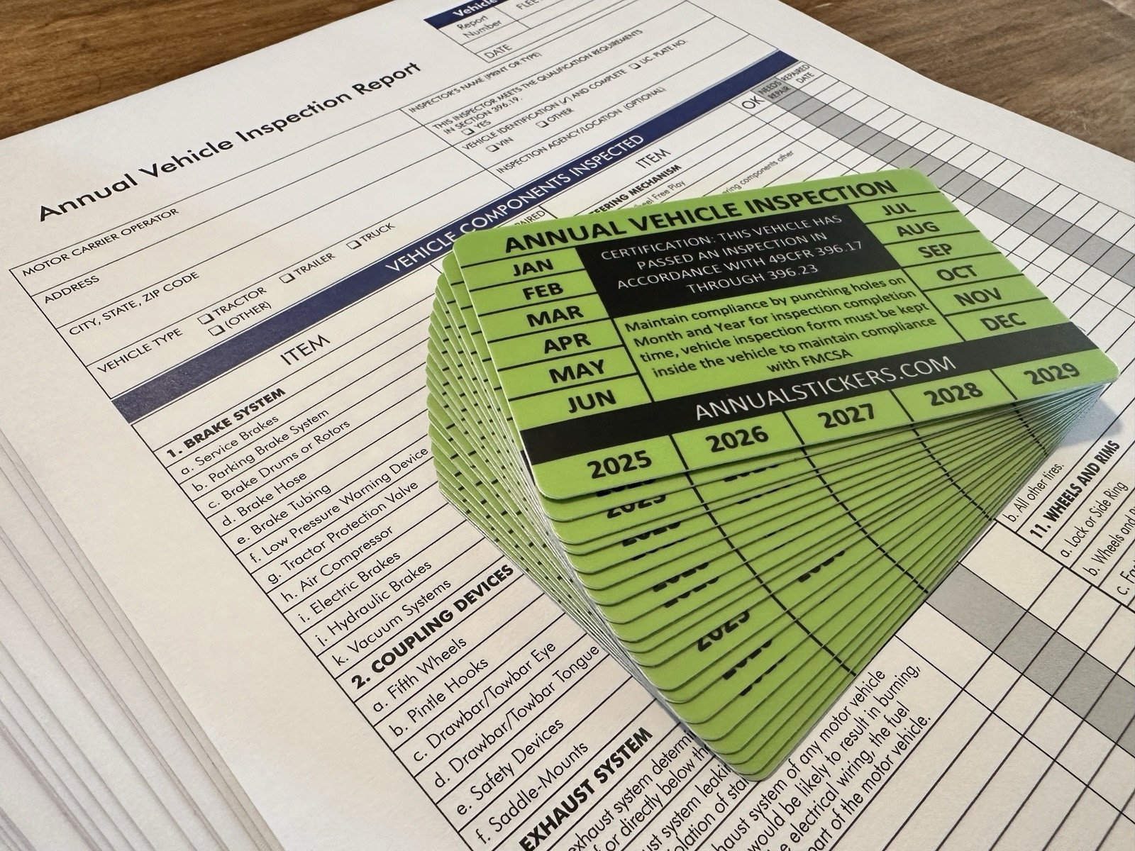 20 Pack Annual Vehicle Inspection Sticker Trucks Trailers Semi & 20 Forms Green