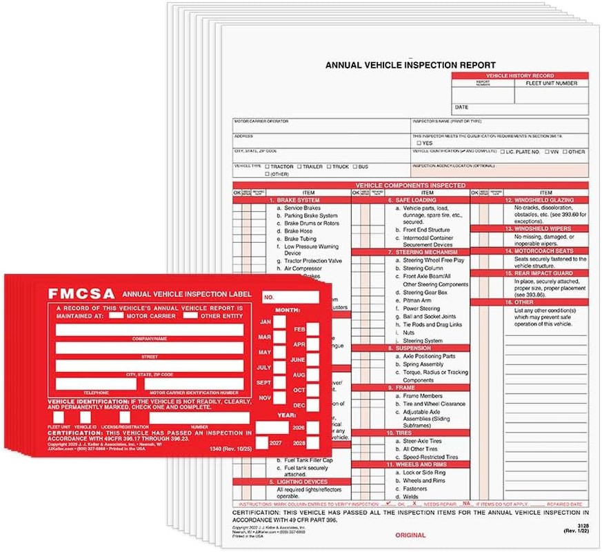 J. J. Keller 10-Pack, Annual Vehicle Inspection Report Form & Red FMCSA Label Al