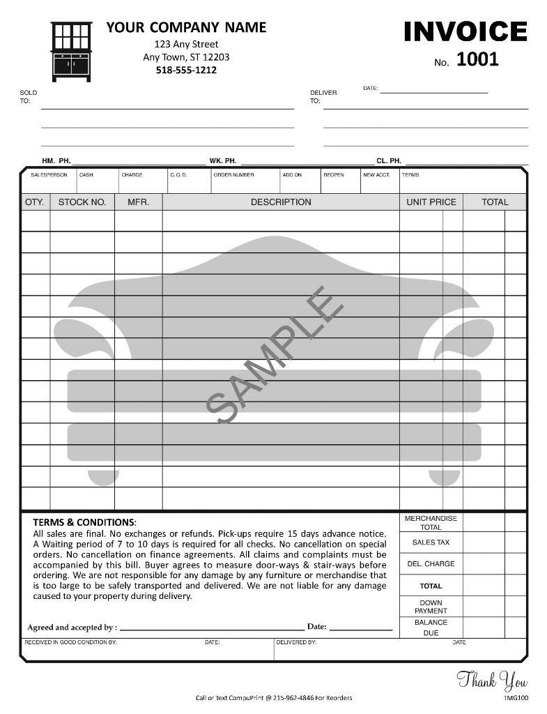 Furniture Invoice in Black & White / 8.5 X 11 / 2 or 3 Part / TMG100