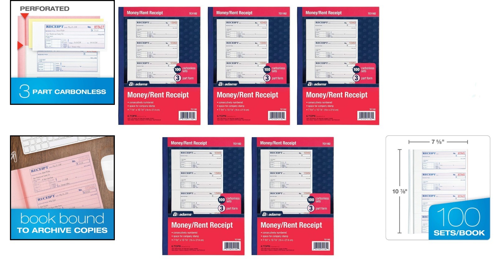 Efficient 3-Part Carbonless Receipt Books – 5 Pack, 100 Sets, Convenient Size