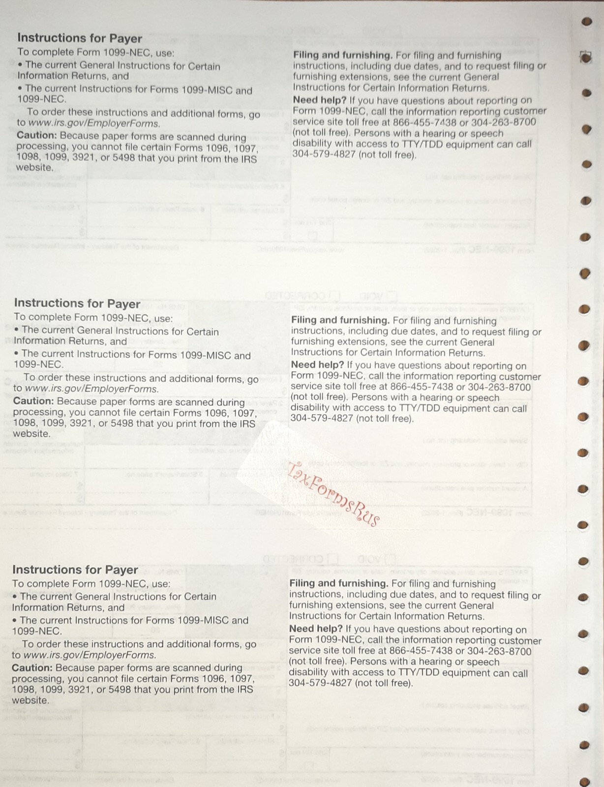 2023 IRS Tax Form 1099-NEC single sheet set for 3 recipients carbonless, 5-pt