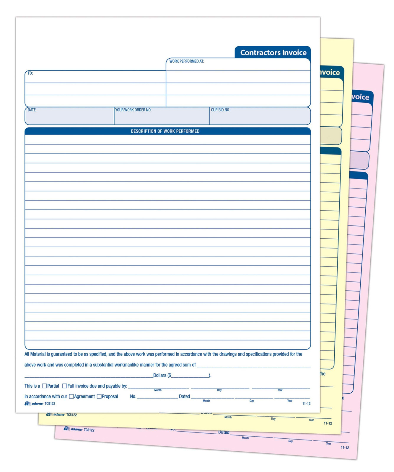 Adams Contractor’s Invoice Book, 3-Part, 50 Sets 1-Pack, White/Canary/Pink