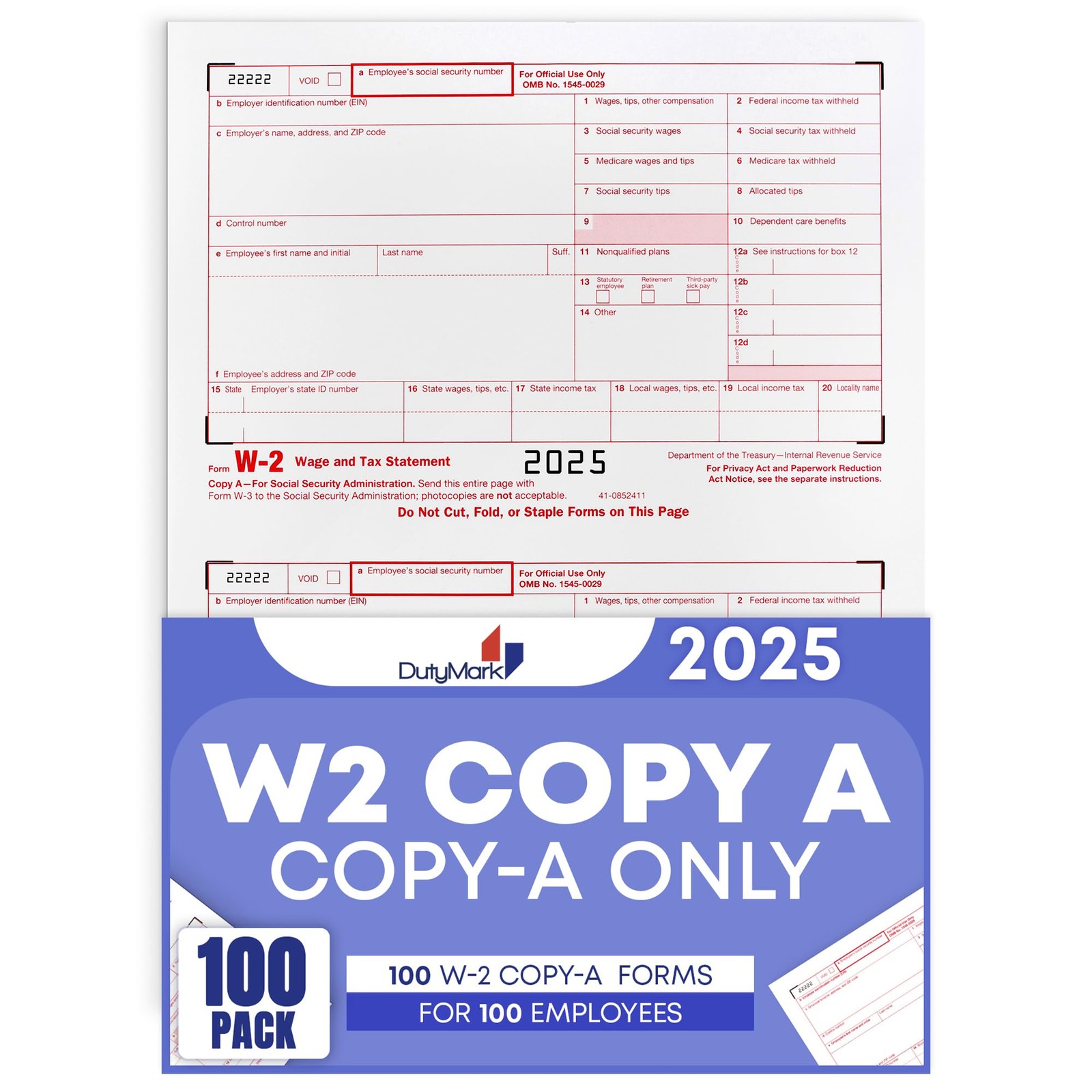 W2 Forms 2025 Copy A 50 Sheets W-2 Federal Income Laser tax Forms Red Ink Las…
