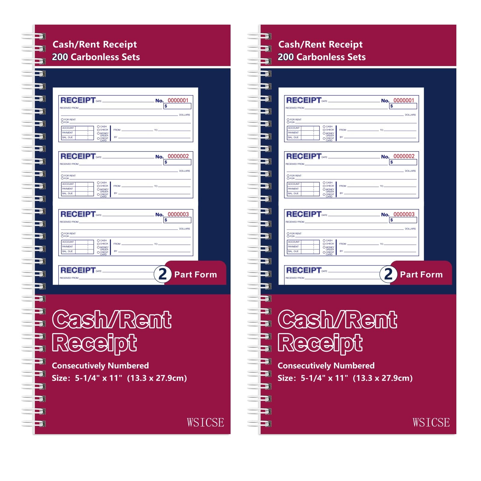 2 PCS Receipt Books Carbon Copies Rent 2Part Carbonless 5.24×11 Inch