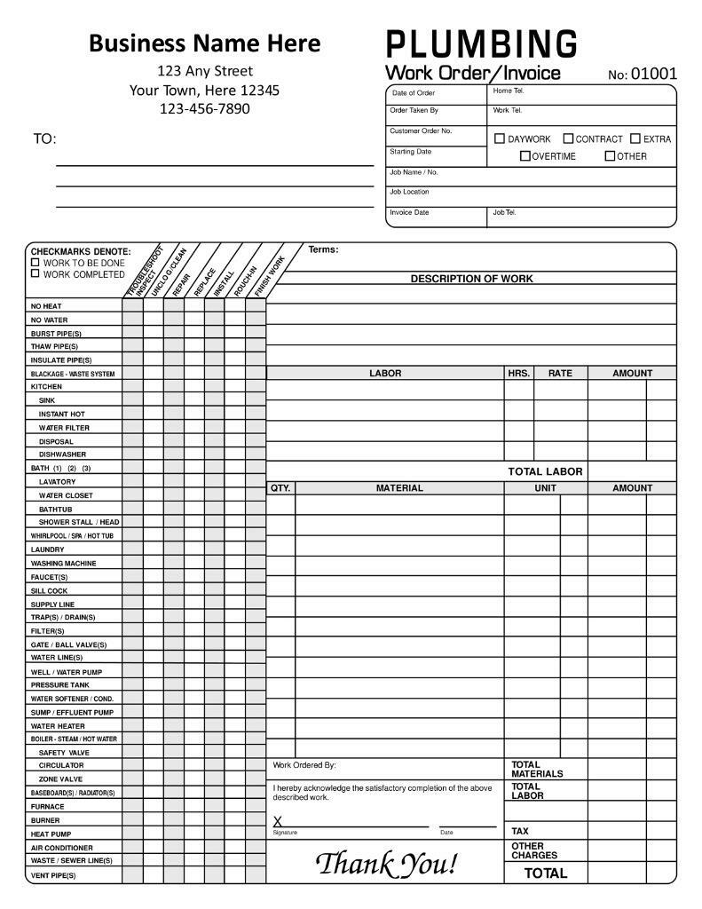 100 Custom Plumbing Work Order Invoices / 2 Part Carbonless / 8.5 x 11 TMG017