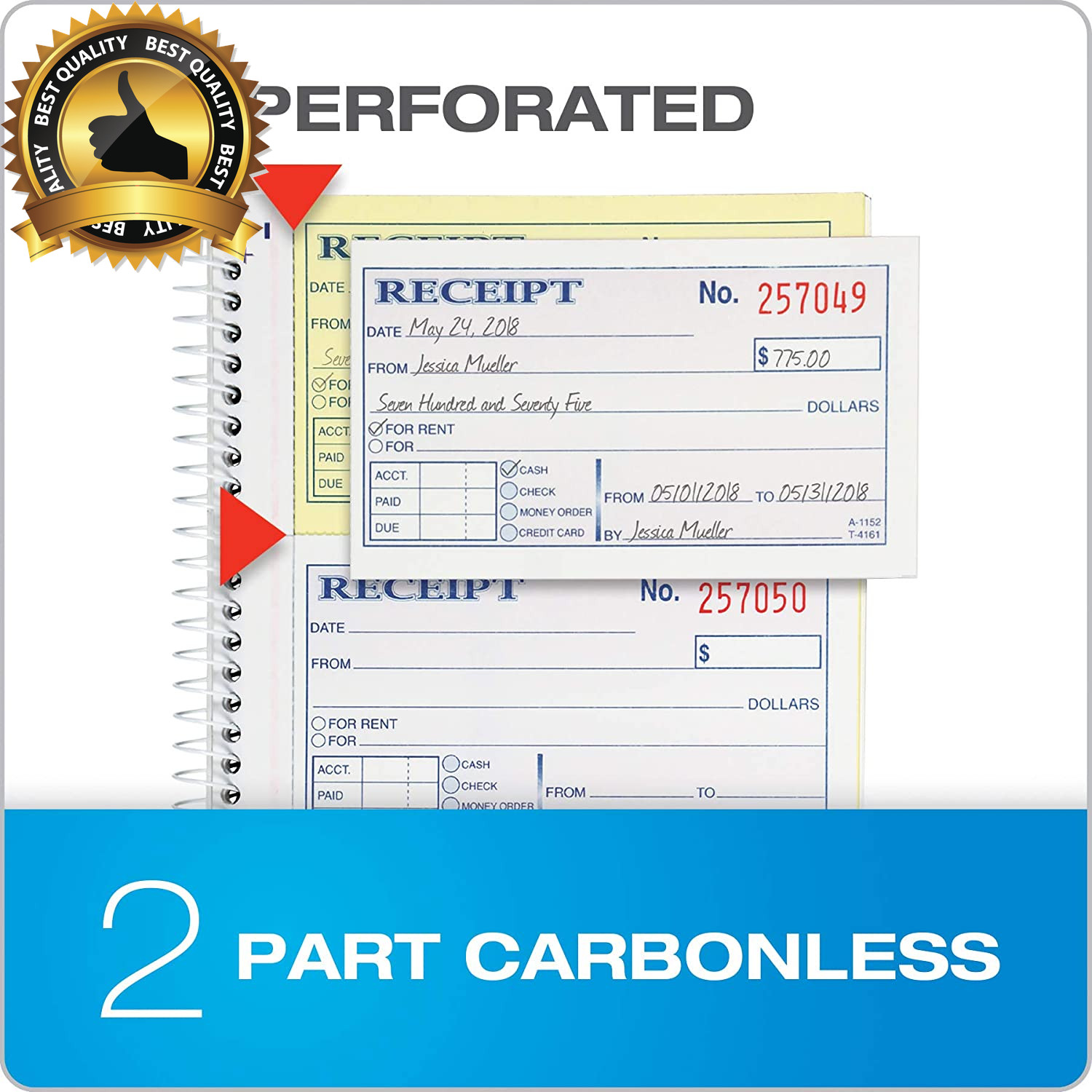 Money and Rent Receipt Book, 2-Part Carbonless, 5-1/4″ X 11″, Spiral Bound, 200