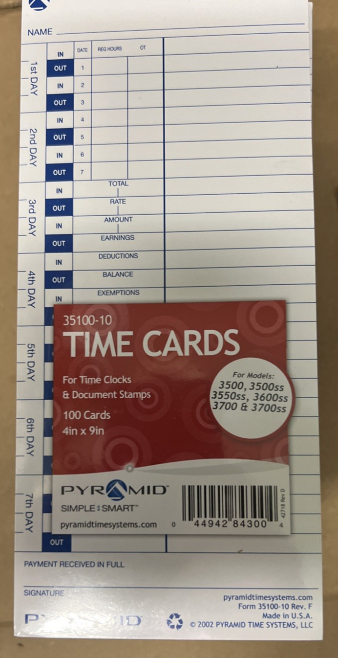 Brand New Pyramid Time Systems Pyramid Time Cards for 3500 3600SS 3700