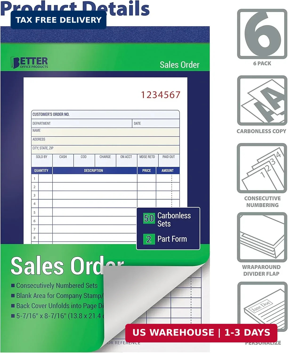 Better Office Products Sales Order Book, 6 Pack Sales Order Book 2 Part Carbonle