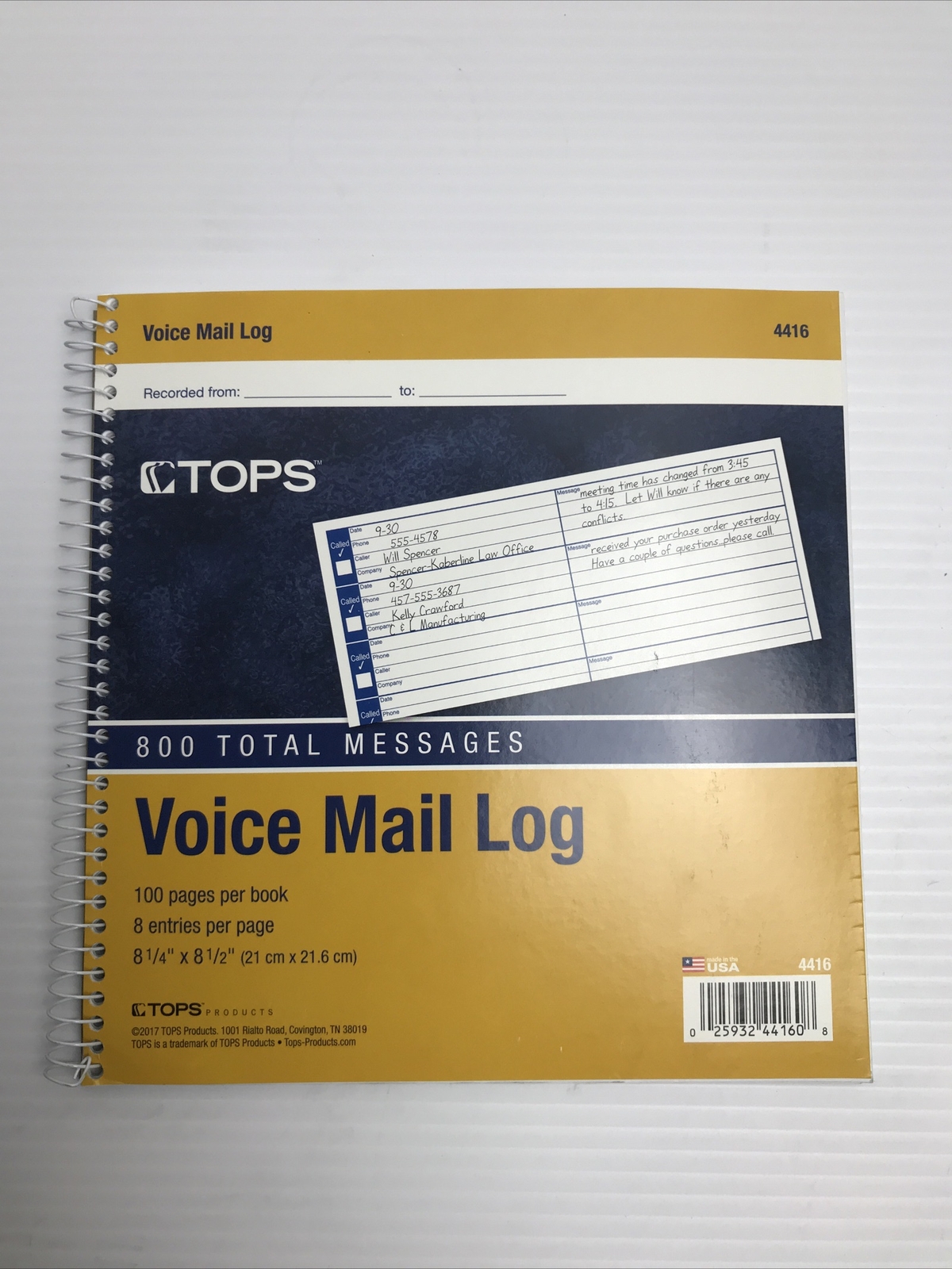 TOPS Voice Message Log Book 100 Sheet 8 1/4 x 8 1/2″” Sheet White Each