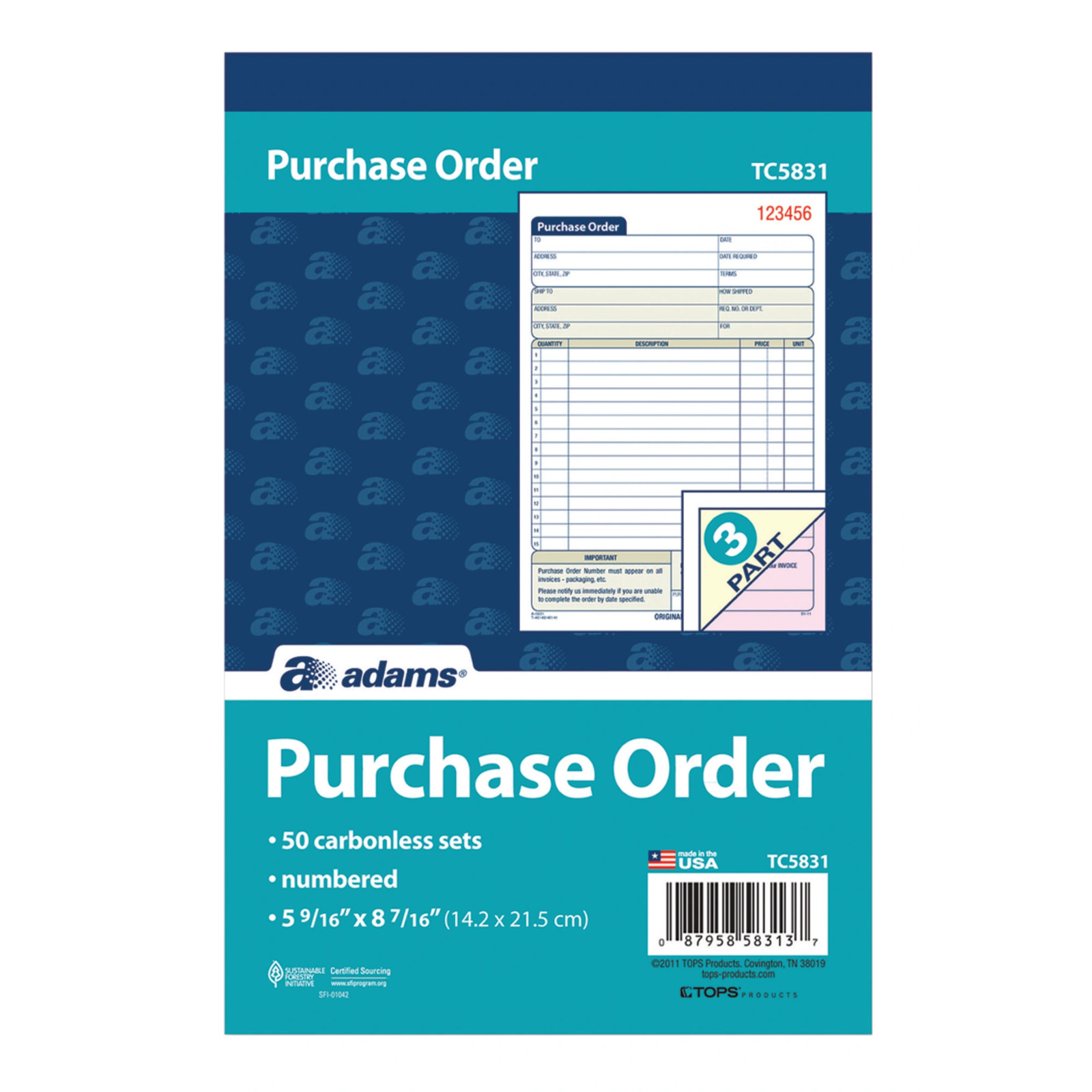 Adams 3-Part Carbonless 5 9/16″ x 8 7/16″ Purchase Order Book, 50 Set Pad