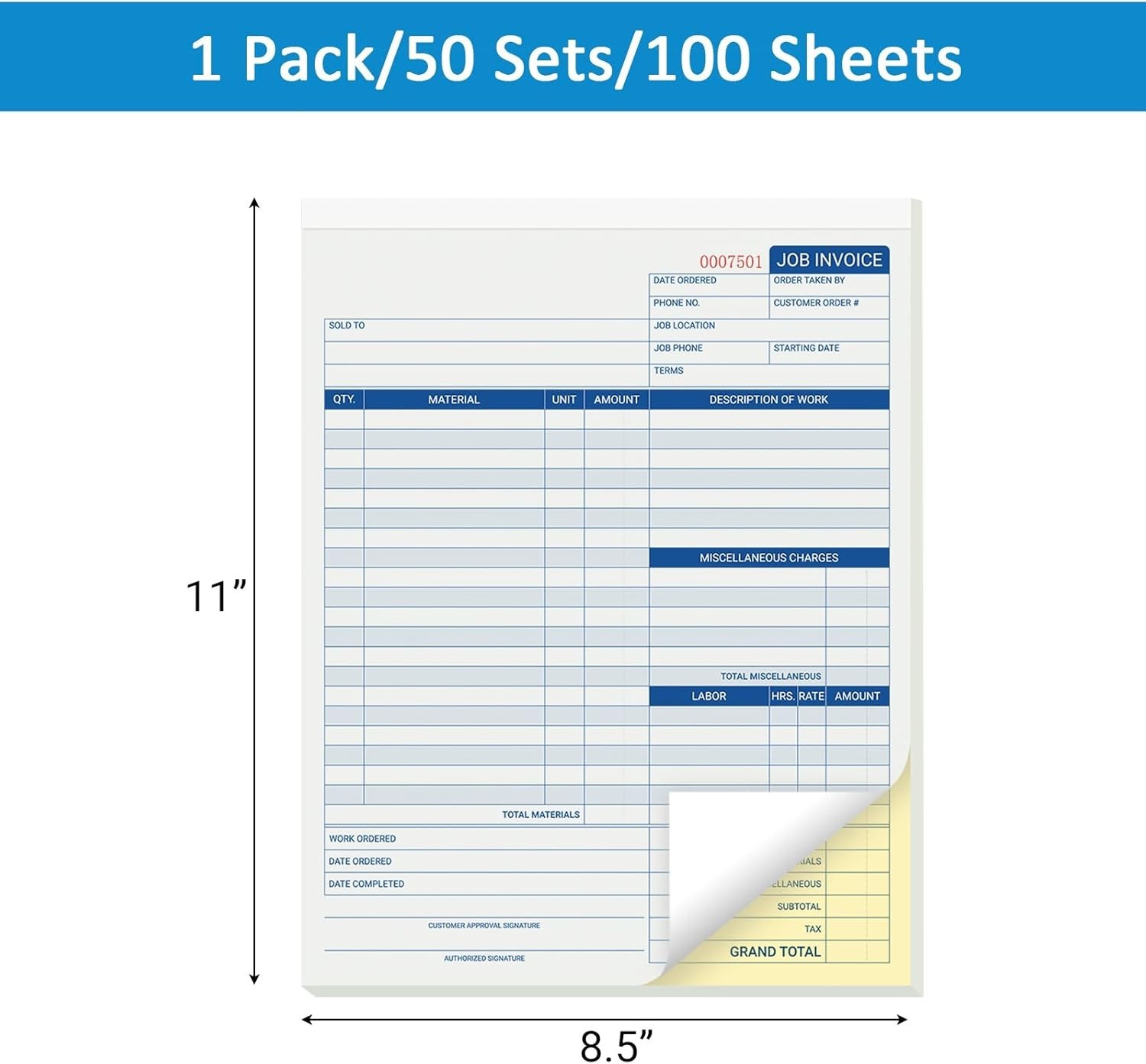 50 Sets Job Invoice Forms, 2 Part Carbonless, 8.5X11 Inch Work Order Forms for S