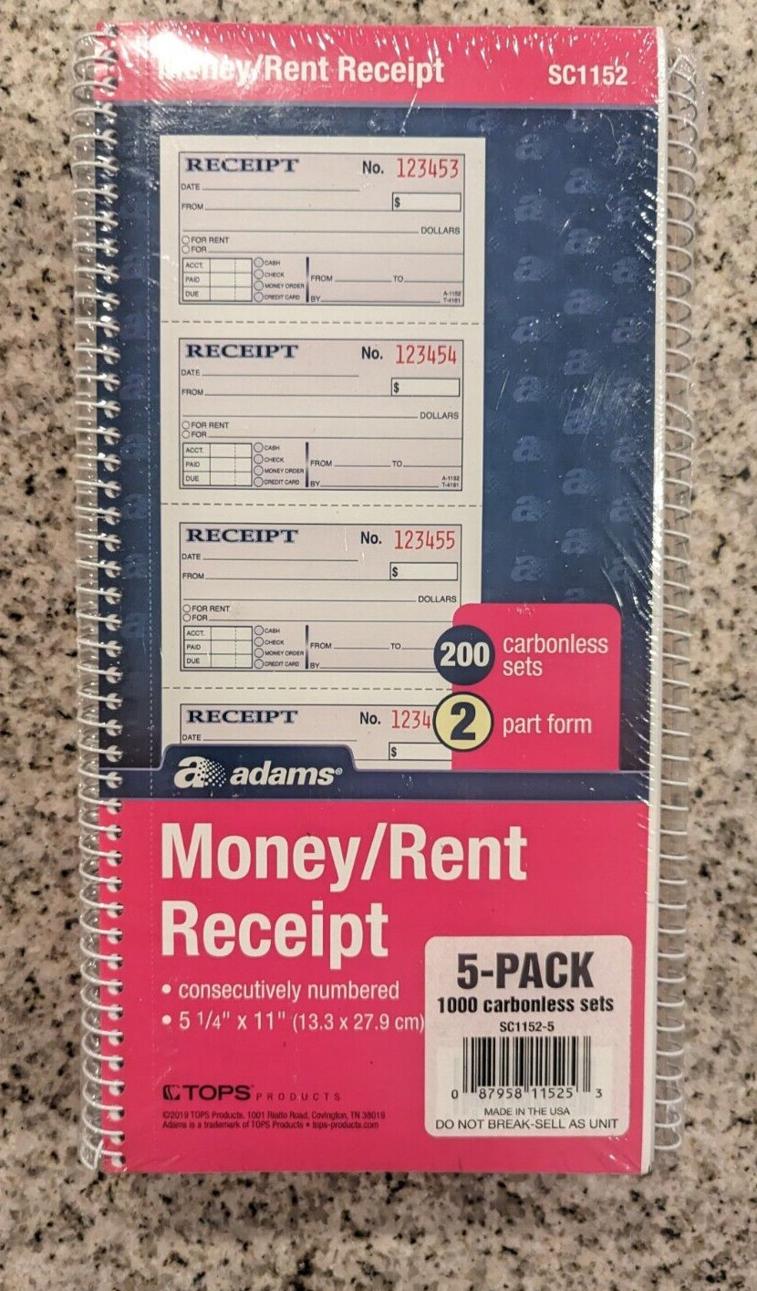 Adams Carbonless 2-Part Form Money/Rent Receipt Book 11″ x 5 1/4″ Pack Of 5 New