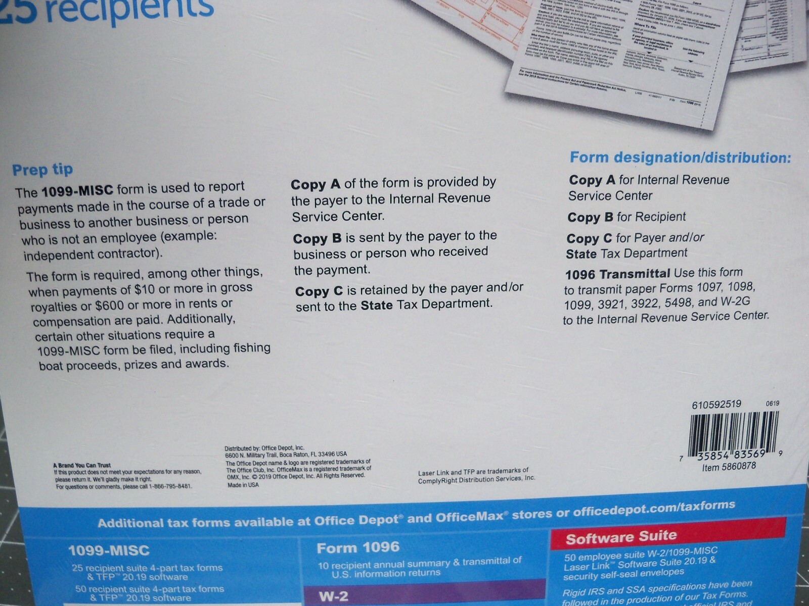 Office Depot 1099-MISC Tax Forms 2019, 2-Up, 4-Part 8-1/2″ x 11″, 25-PK Staples