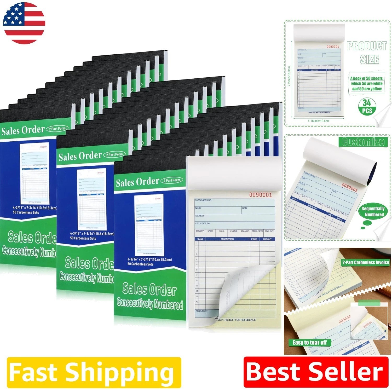 34 Receipt Books – 2-Part Carbonless, 50 Sets, Numbered, Small Business