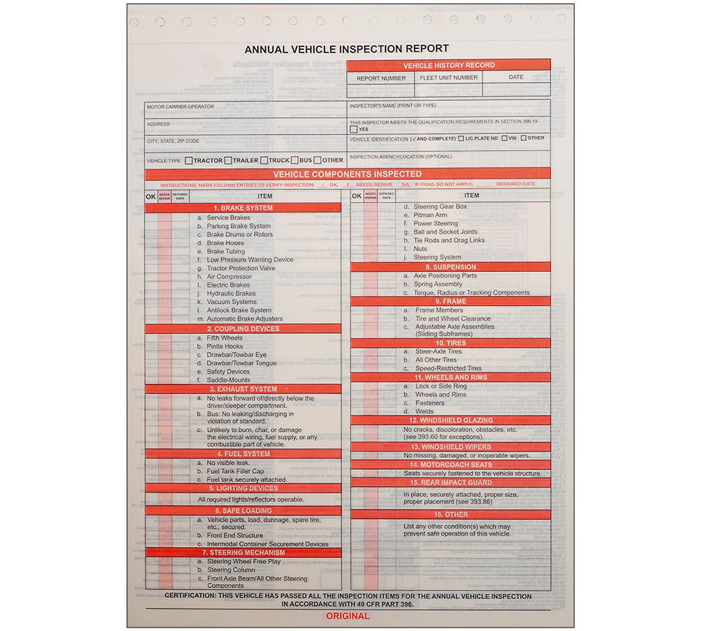 8.5″x11.75″ Annual Vehicle Inspection Report Form DOT Compliant 20Pcs
