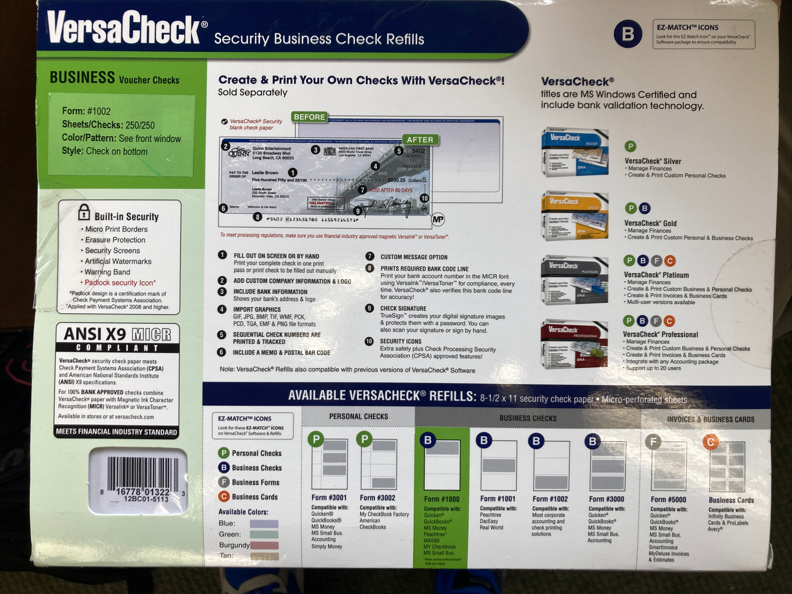 VersaCheck Security Business Check Refills Form #1000 Voucher – Blue – 250 Sheet