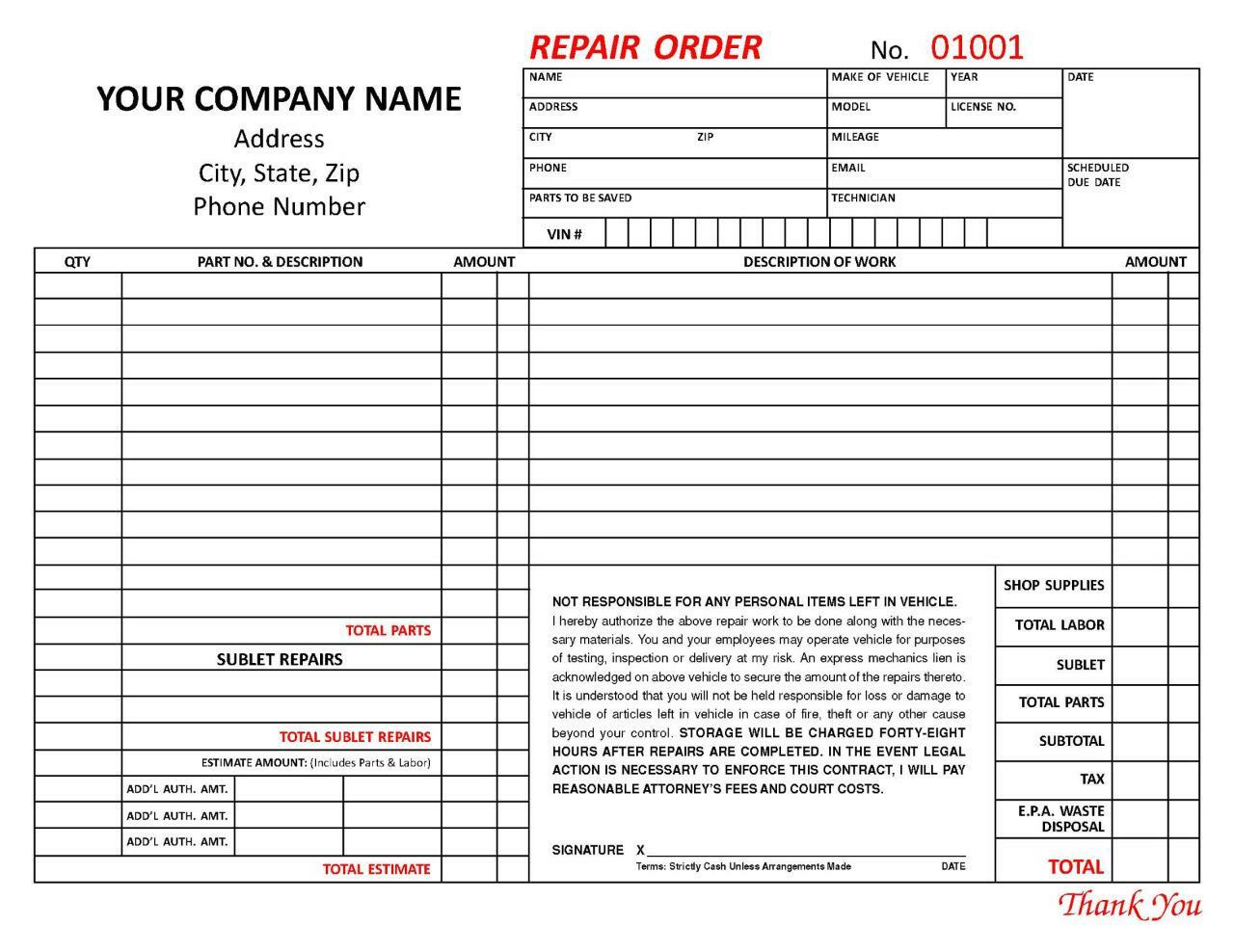 500 Automotive Mechanical Garage Repair Order / 2 Part / 8.5 x 11 TMG025