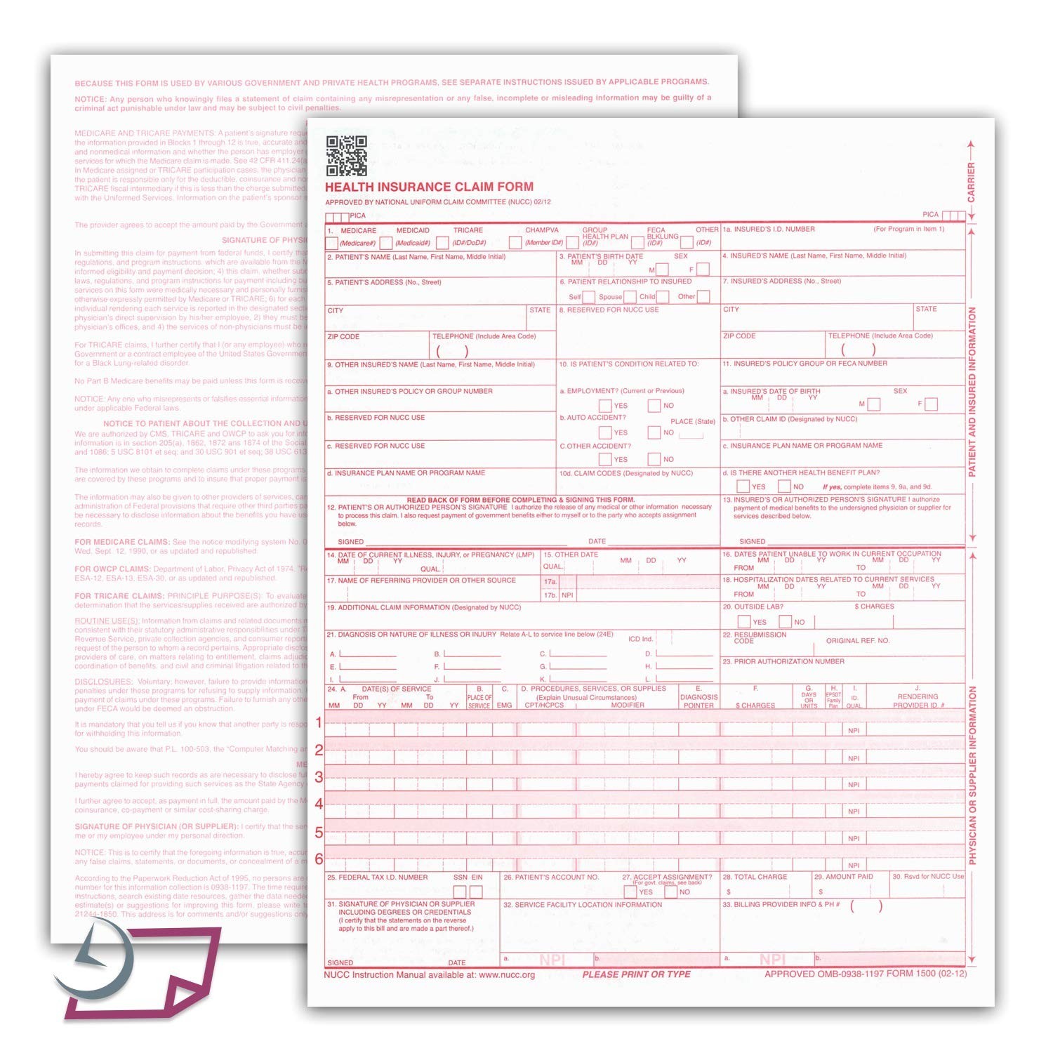 New CMS 1500 Claim Forms – HCFA (Version 02/12) 500 per Ream
