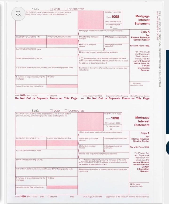 2024 IRS Tax Form 1098 Mtg Int single sheet set for 2 borrowers, carbonless 3-pt