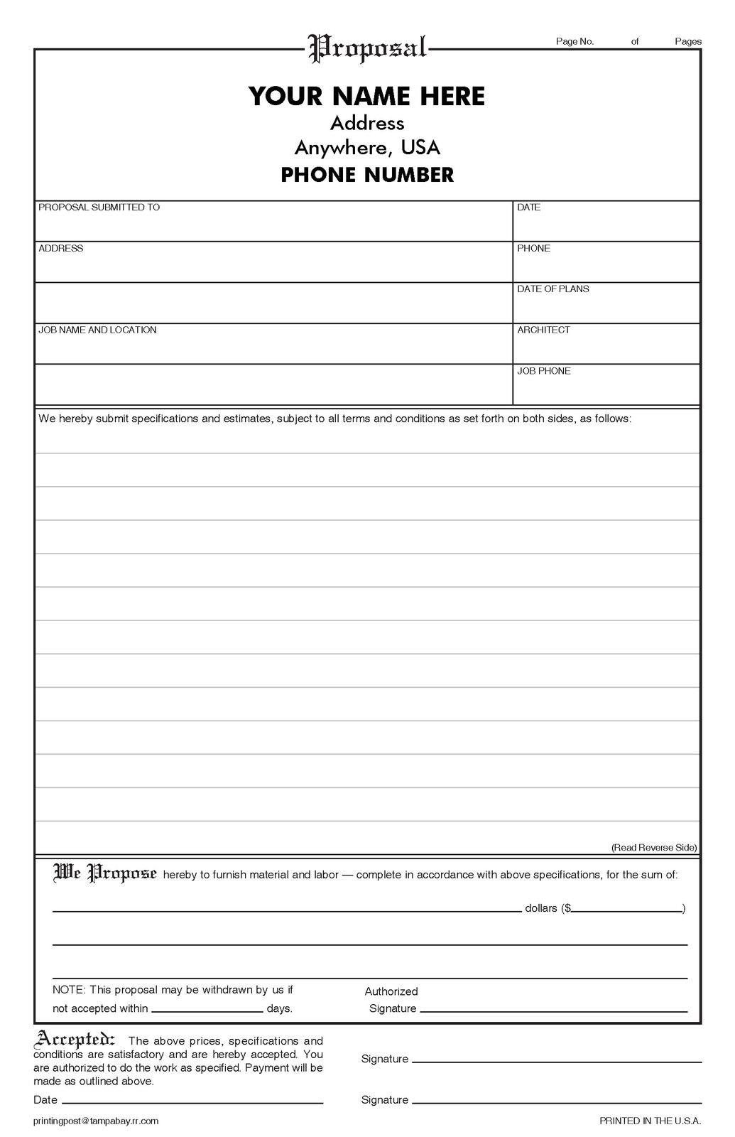 (250) 2-part Small Proposal NCR Forms – Contractor Agreement