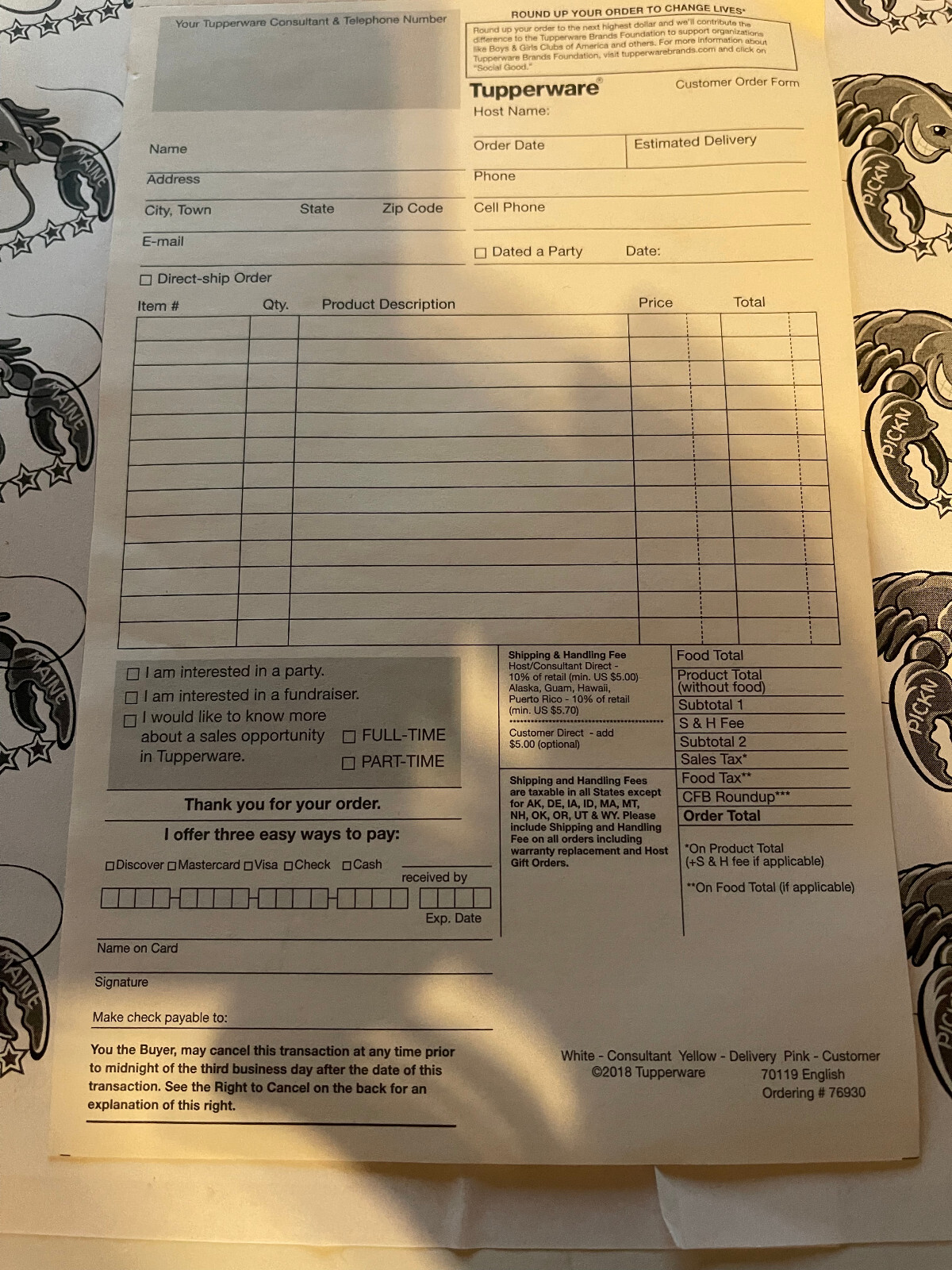 Tupperware Customer Order Forms Carbon Copy Yellow And Pink (1 PACK OF 50)