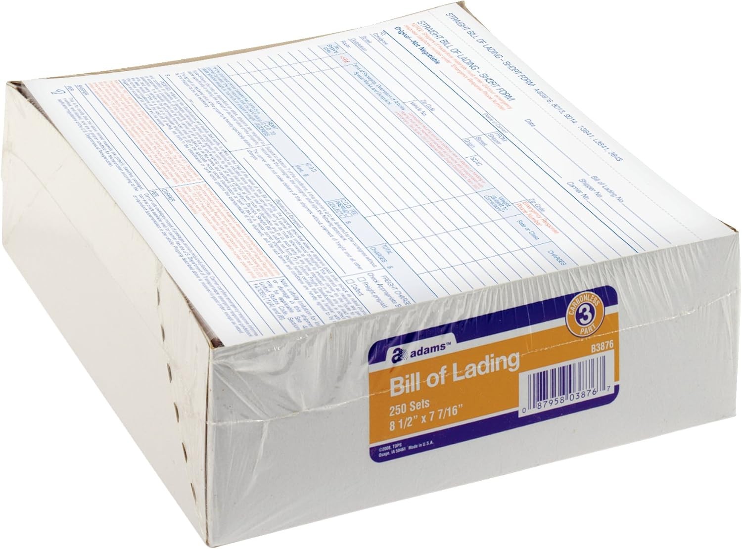 Bill of Lading Short Form, 8-1/2 X 7-7/16 Inches, White, 3-Part, 250-Count (B387