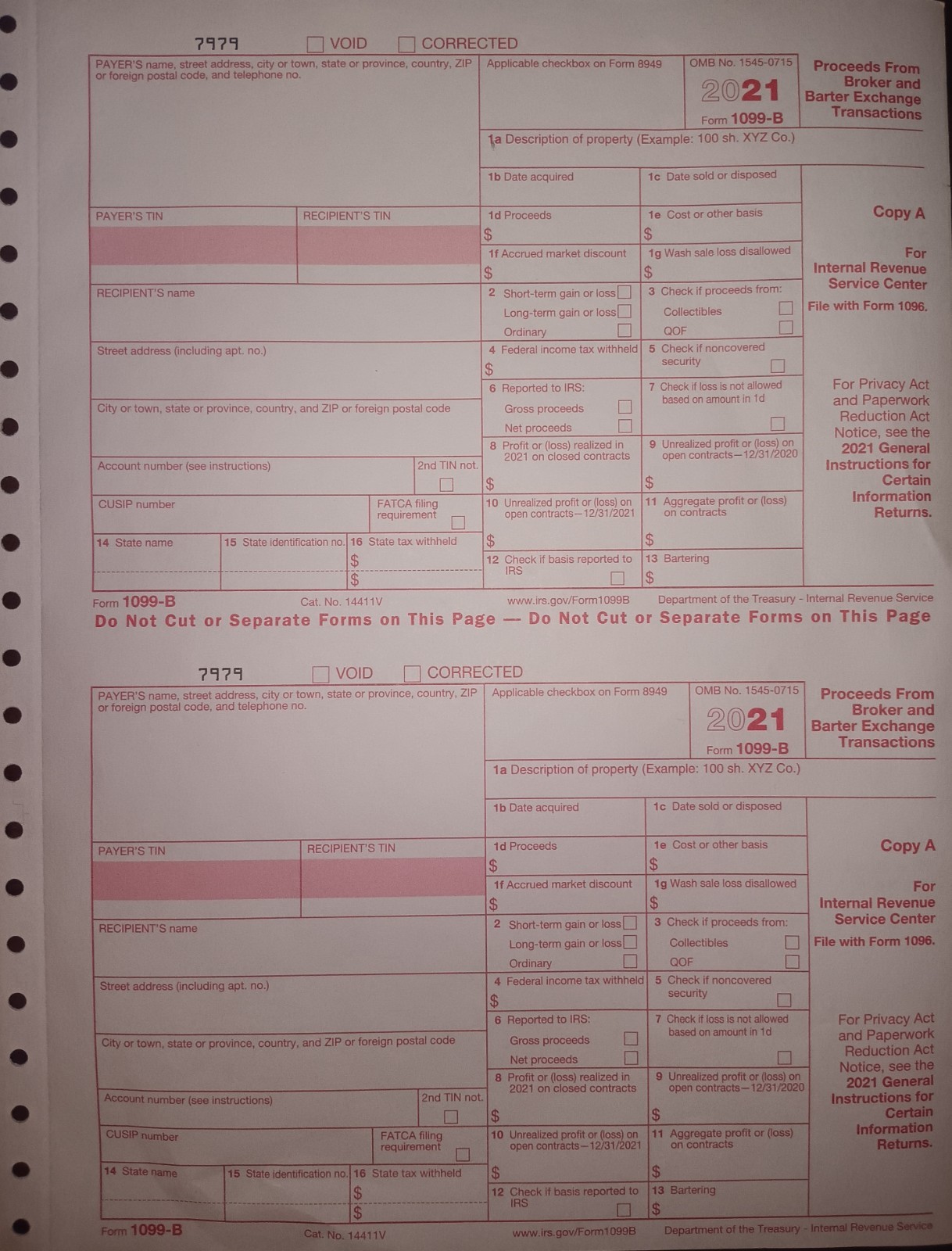 5 IRS 1099-B Forms (Year 2021) $19.99