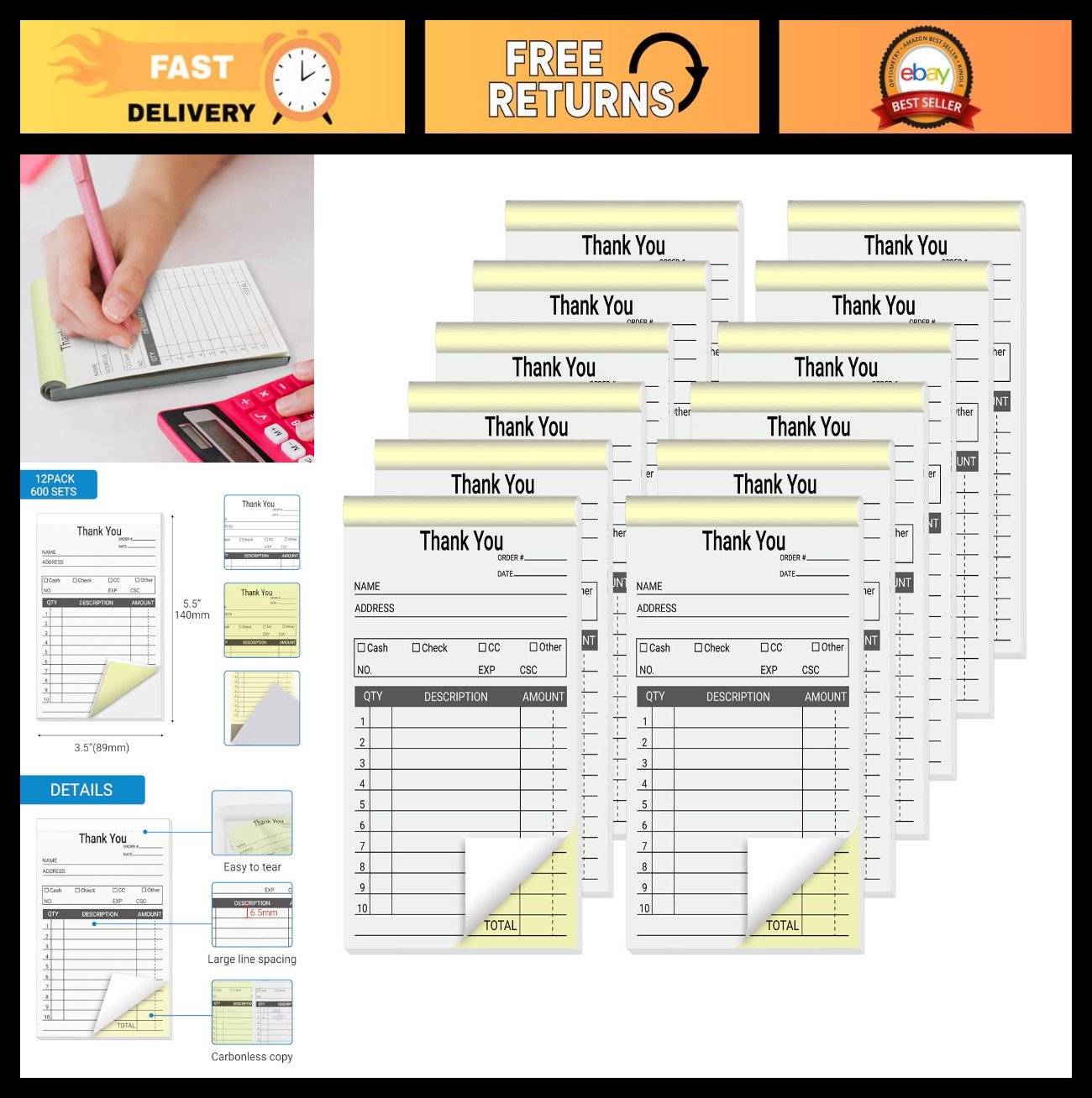 12 Pack Carbonless Receipt Books for Small Business, 3.5×5.5 Inch, 600 Sets