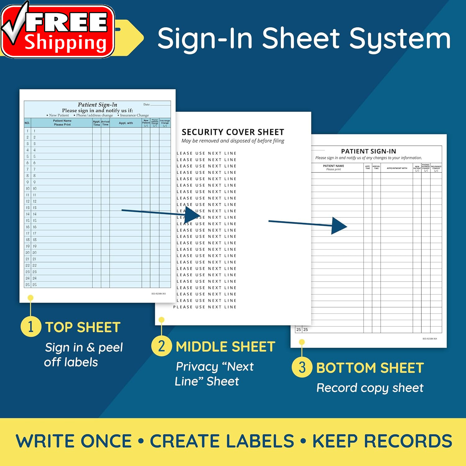 125 Patient Sign in Sheets, HIPAA Compliant, Peel off Adhesive Labels Carbonless