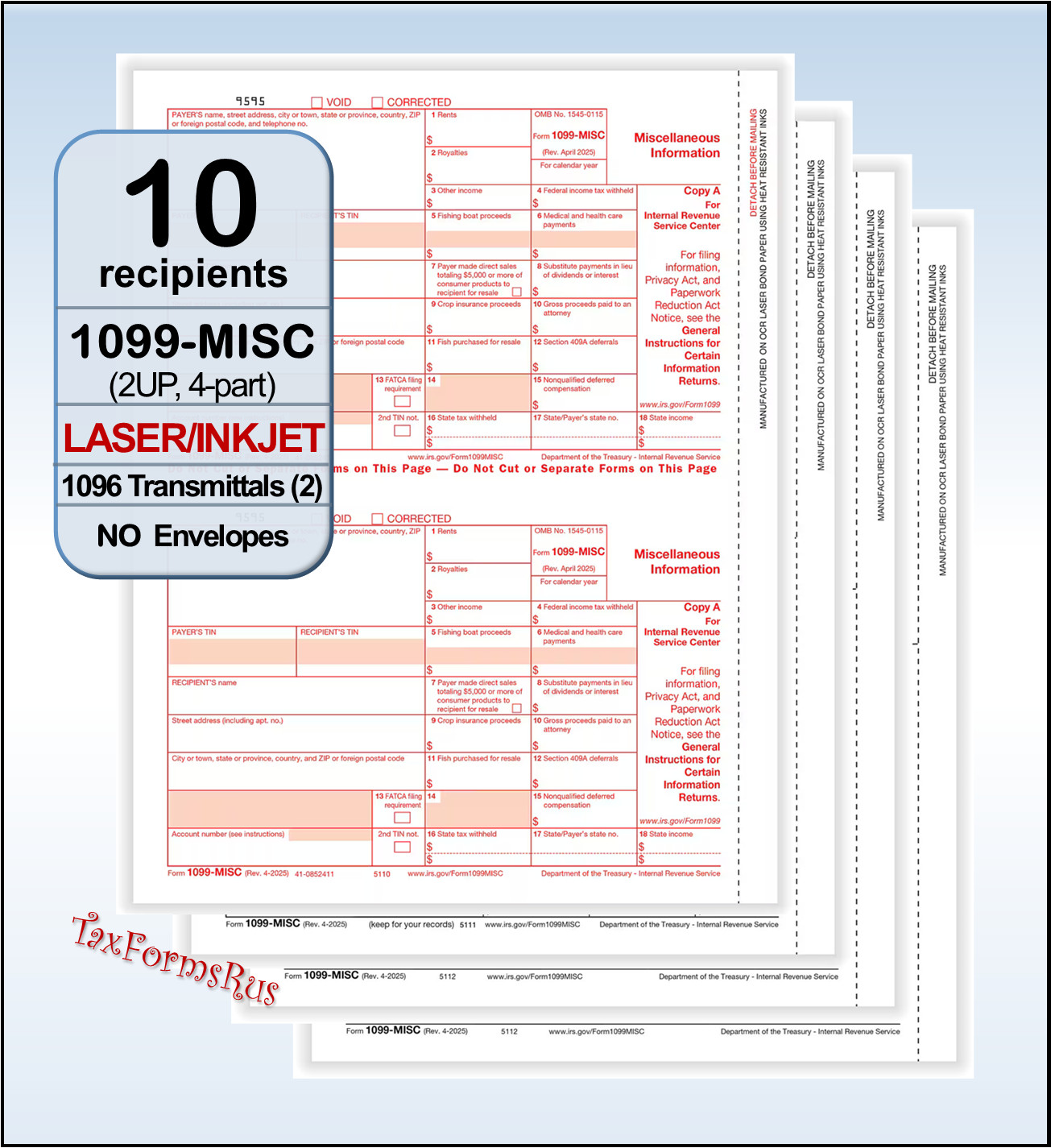 2025 IRS Tax Form 1099-MISC Laser 10 recipients + (2)1096 #TF6103 4-pt — NO Env