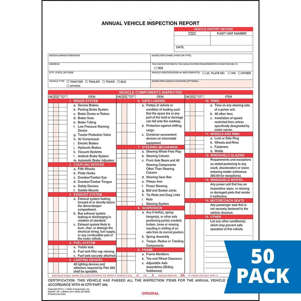 J. J. Keller Annual Vehicle Inspection Report Form 50-pk. – Snap-Out Format, …