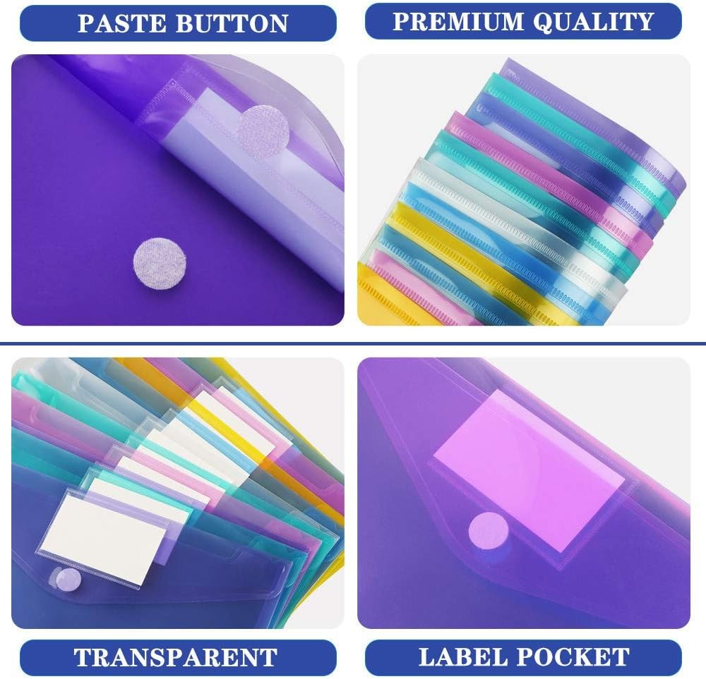 11 Pack Plastic Poly Filing Envelopes, Clear Document Folders US Multicolor
