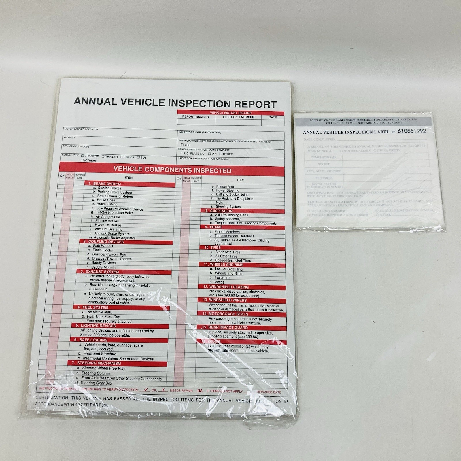 Annual Vehicle Report 25 Pack 3 Ply 5” x 4” Mylar Laminate Label DOT FMCSA