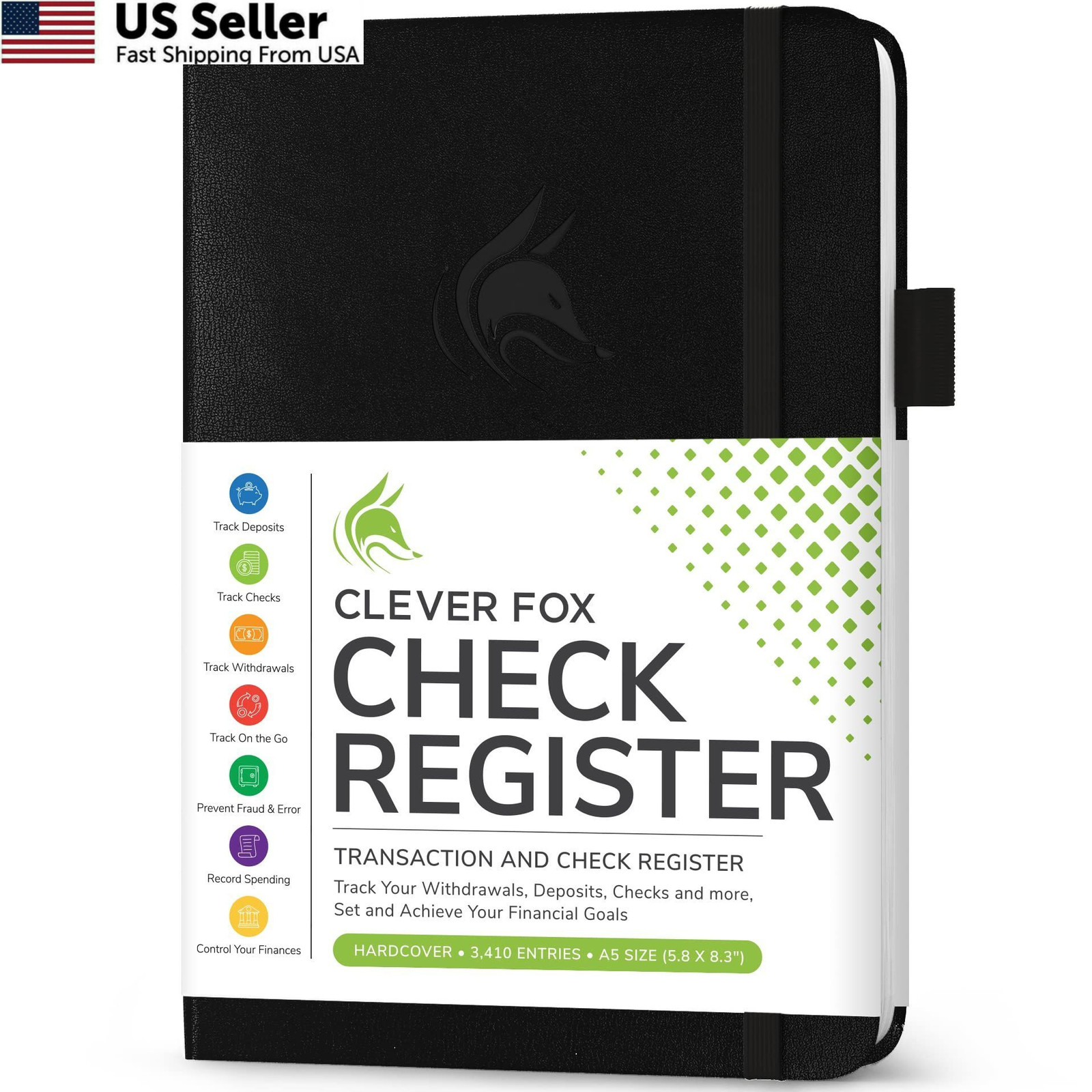 Clever Fox Check Register Book – Deluxe Transaction A5 (5.8” x 8.3”), Black