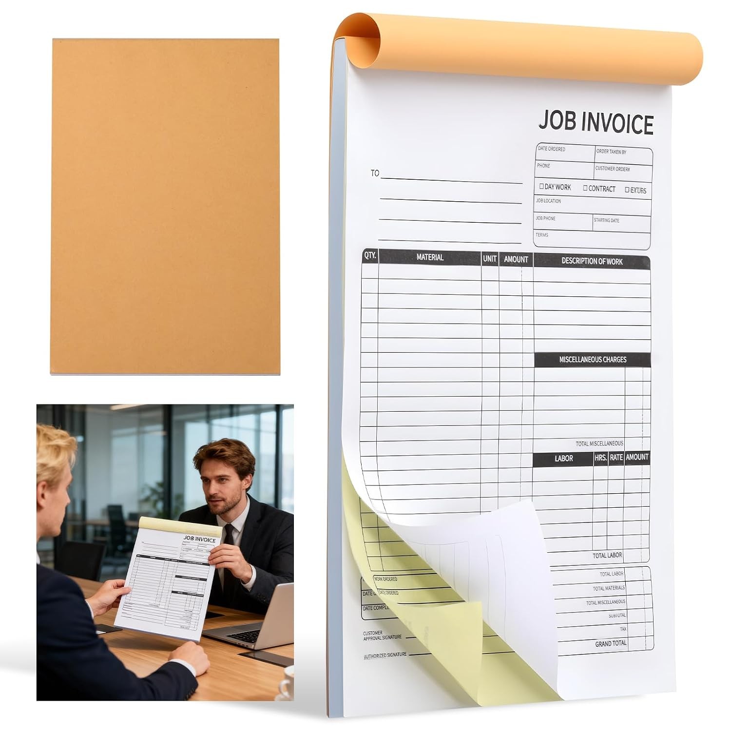 Carbonless Work Order Forms & Invoice Book 7.5 x 11 Inches 50 Sets Small