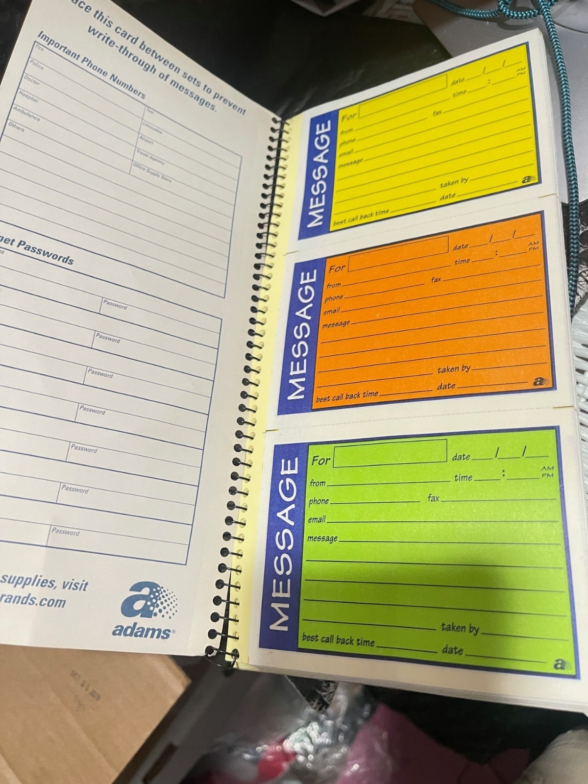 Adams phone messages book, Write ‘N Stick, 2 part Carbonless(K9)